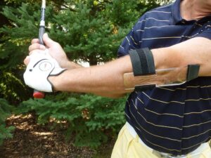 The Original Use of GOLFSTR: Trains you to keep your leading arm straight in the back swing.  Wear it while you play 18 holes and see your game improve.